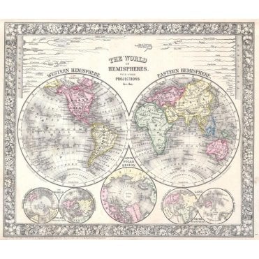 Mitchell Map of the World on Hemisphere Projection (1864)