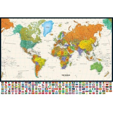 Contemporary World Wall Map with Flags