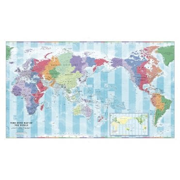 Pacific Centred Time Zone Wall Map of the World - Large
