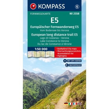 E5 European long distance path from Lake Constance to Verona | Kompass hiking tour map 2558