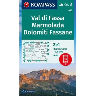 Fassa valley, Marmolada, Sella group, Catinaccio Rosengarten | Kompass hiking map 650