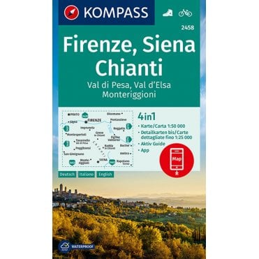 Florence, Siena, Chianti, Val di Pesa, Val d'Elsa, Monteriggioni | Kompass hiking map 2458