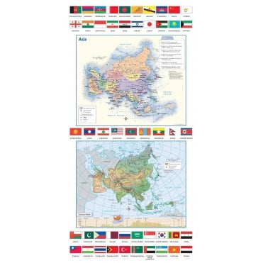 Asia Political & Physical Continent Map with Country Flags