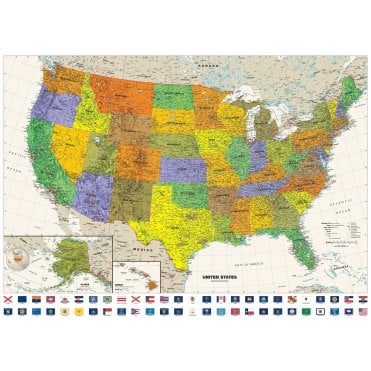 Contemporary USA Wall Map with Flags