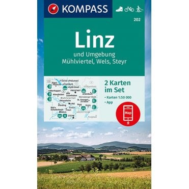 Linz and the surrounding area, Muhlviertel, Wels, Steyr (2 map set) | Kompass hiking map 202