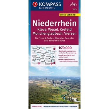 Niederrhein, Klevenm Wesel, Krefeld, Monchengladbach, Vierse | Kompass cycling map 3323