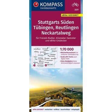 Stuttgart South, Tubingen, Reutlingen, Neckar valley trail | Kompass cycling map 3331